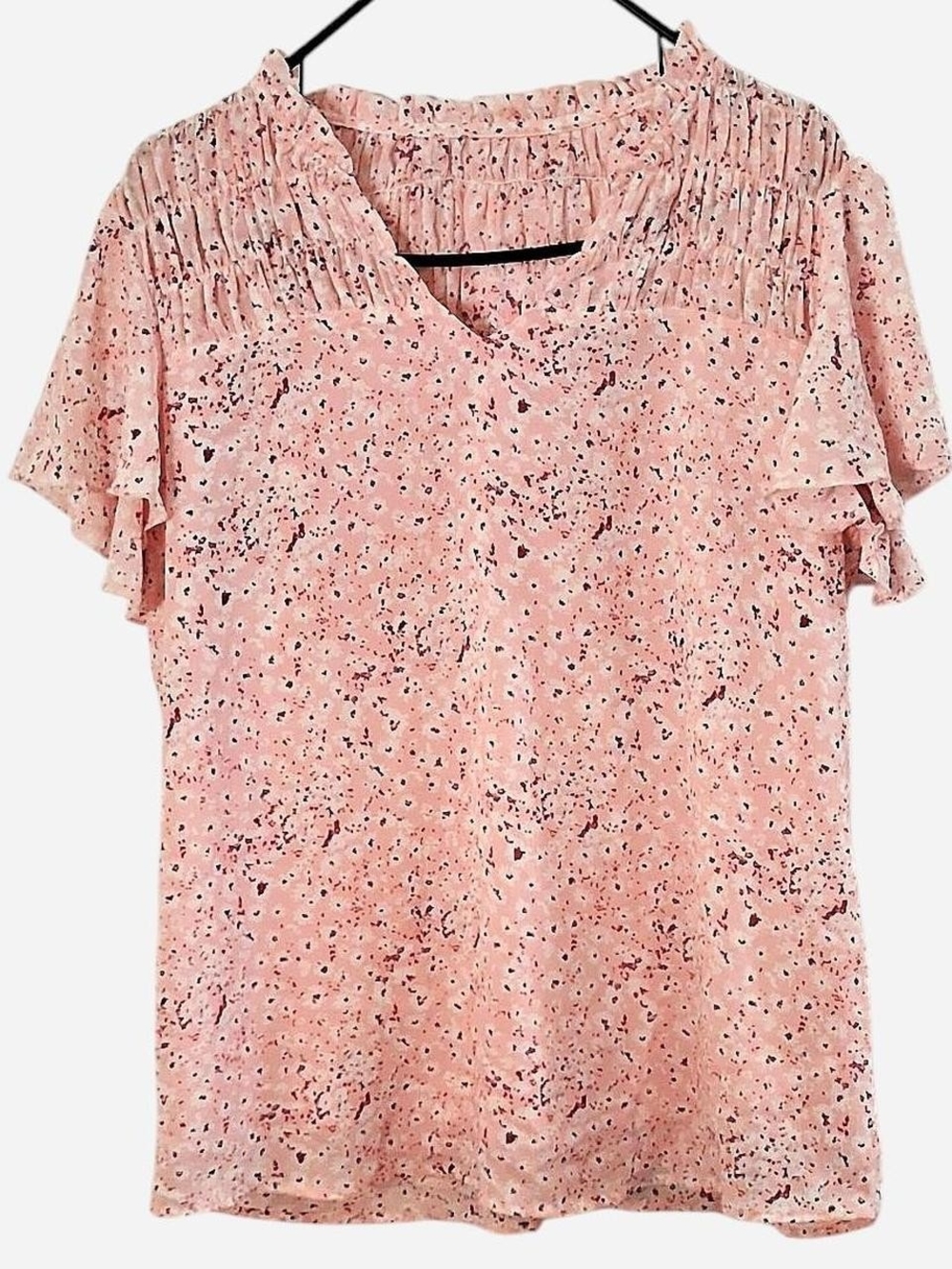 Pink Speckled V-Neck Blouse with Smocked Yoke